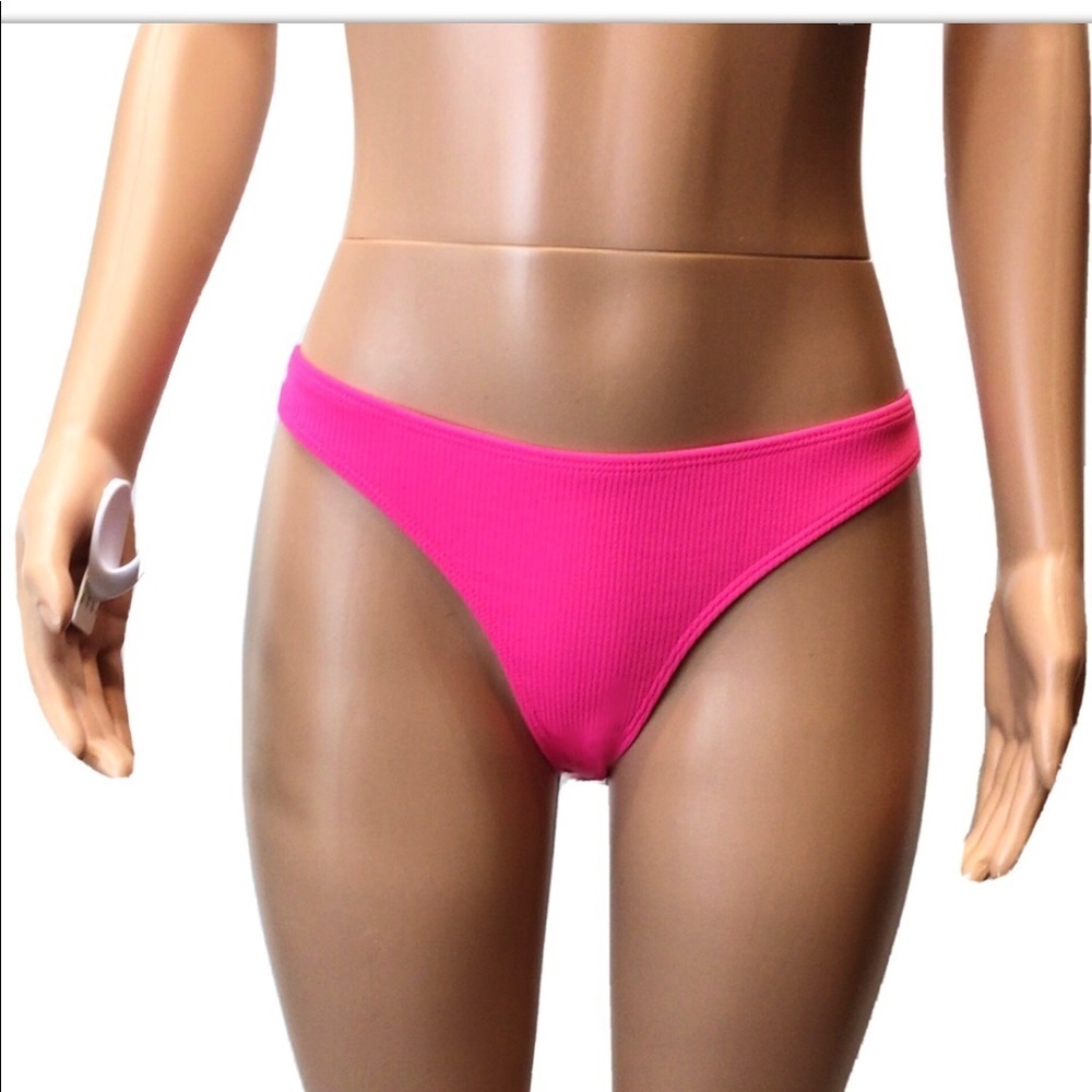 NWOT Pink Ribbed High Cut Cheeky Bikini Bottoms - Picture 2 of 7